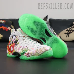 Nike Air Foamposite One Pro “Tianjin 2.0” outsole view featuring glow green herringbone traction and colorful Chinese-inspired upper artwork