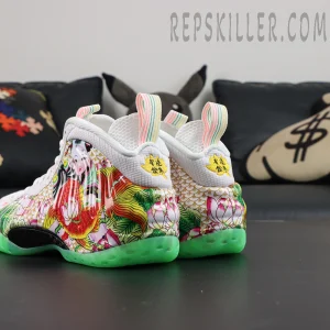 Nike Air Foamposite One Pro “Tianjin 2.0” rear side angle featuring colorful pull tabs and vibrant floral artwork details