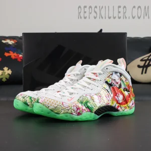 Nike Air Foamposite One Pro “Tianjin 2.0” displayed with shoebox, featuring traditional Chinese character artwork, koi fish motifs, and glow green outsole