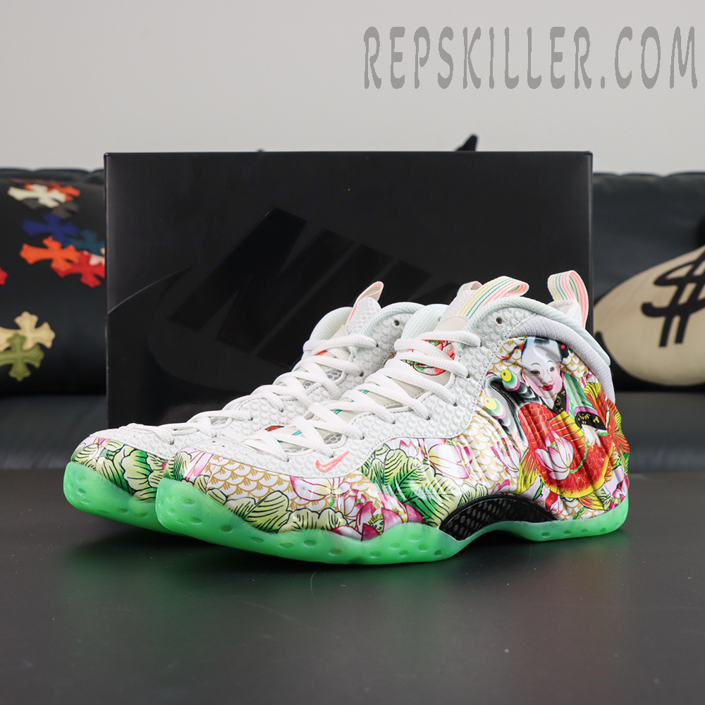 Nike Air Foamposite One Pro “Tianjin 2.0” displayed with shoebox, featuring traditional Chinese character artwork, koi fish motifs, and glow green outsole