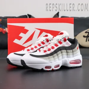 Nike Air Max 95 OG “Comet Red” displayed with original box, featuring a white and grey gradient upper with red lace loops and visible Air cushioning