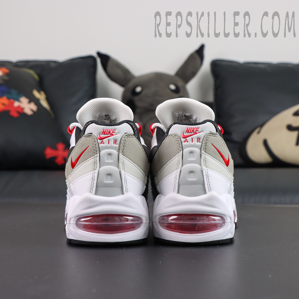 Nike Air Max 95 OG “Comet Red” rear view featuring classic Nike Air heel branding and full visible Air cushioning setup