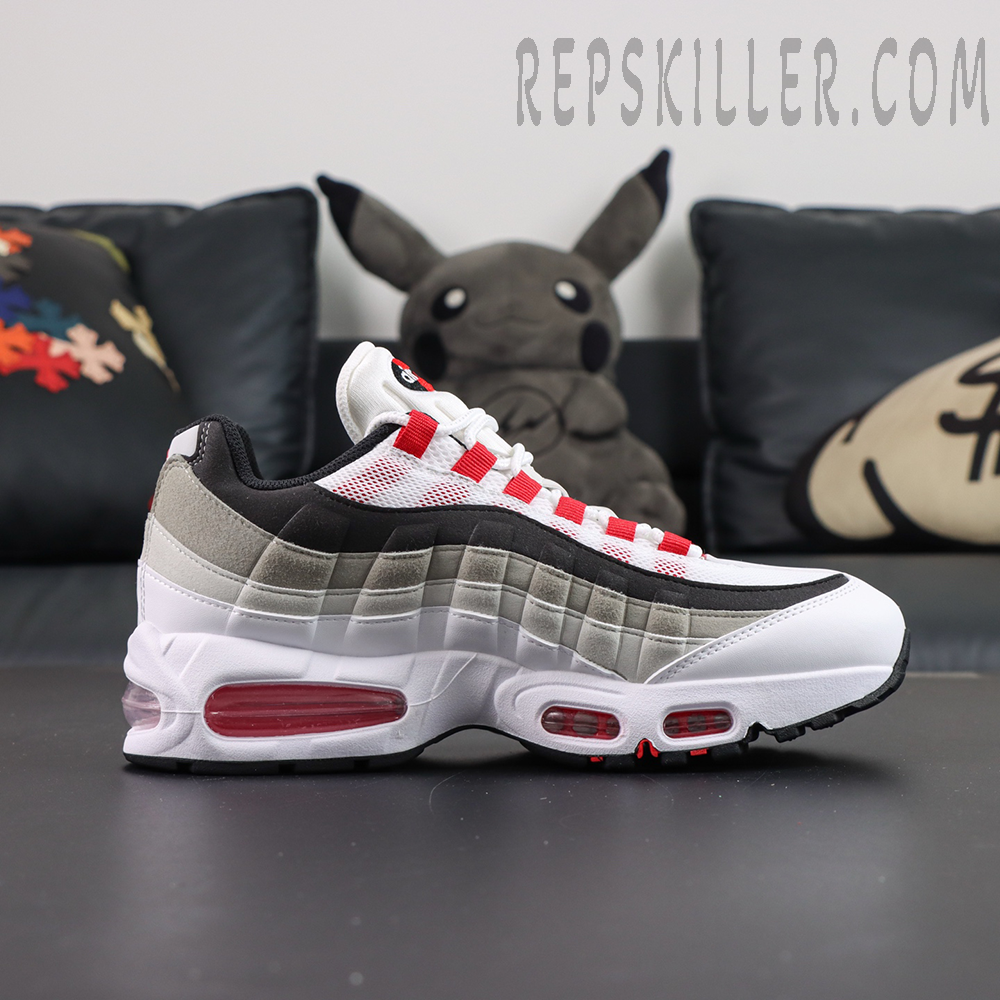 Nike Air Max 95 OG “Comet Red” lateral side profile featuring the iconic gradient layered upper and red visible Air cushioning