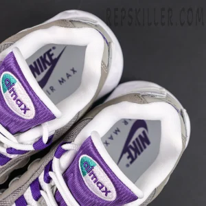 Nike Air Max 95 OG “Grape” 2026 collar and tongue detail featuring vibrant purple Air Max embroidered branding
