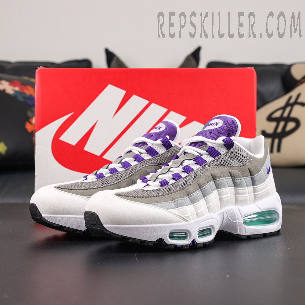 Nike Air Max 95 OG “Grape” 2026 full pair display showcasing the iconic gradient upper and signature visible Air cushioning