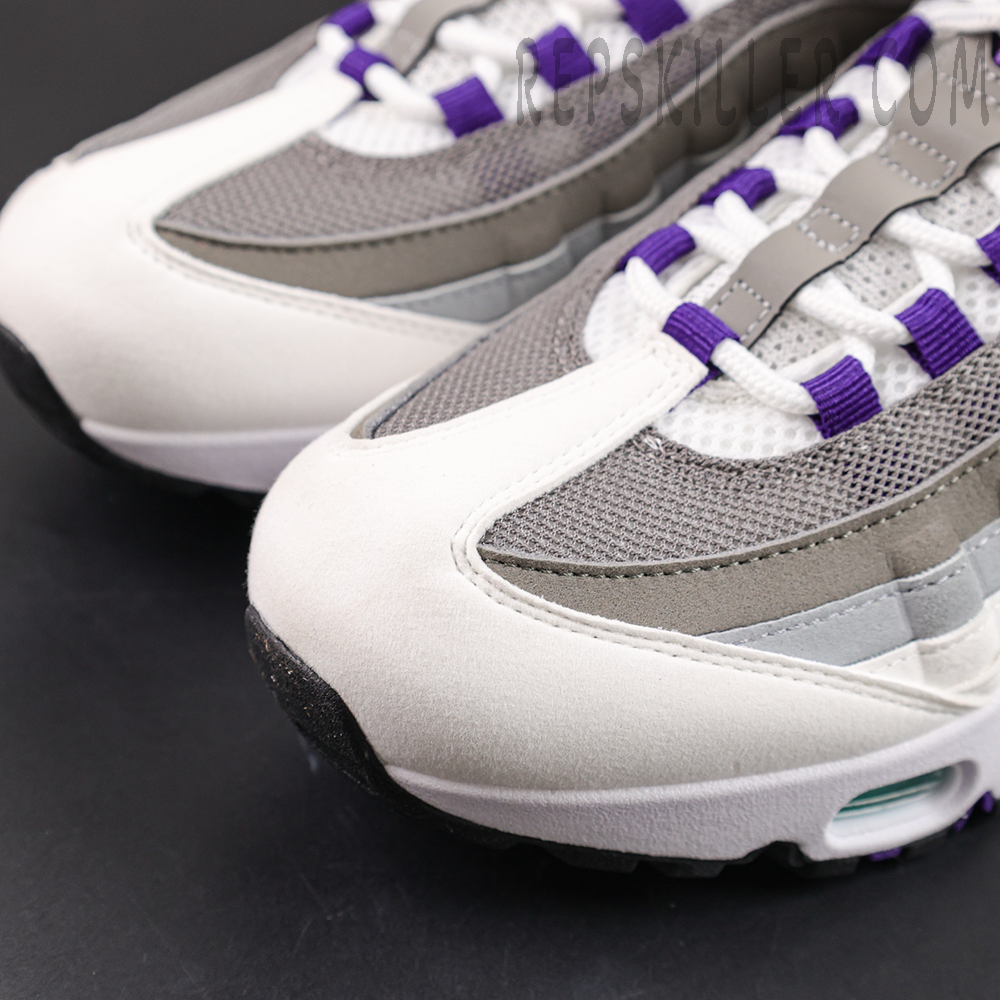 Nike Air Max 95 OG “Grape” 2026 toe box detail highlighting breathable mesh and suede overlays with layered construction