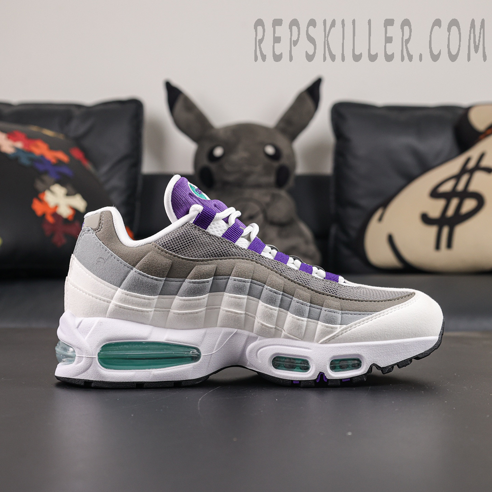 Nike Air Max 95 OG “Grape” 2026 lateral side view featuring grey-to-white gradient panels, purple lace loops and mint green visible Air units