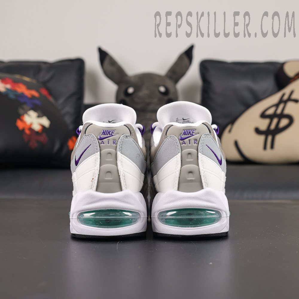 Nike Air Max 95 OG “Grape” 2026 heel view featuring purple Nike Air embroidery and large visible heel Air unit