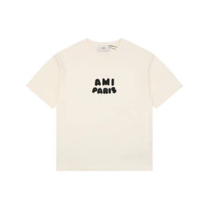 Ami Paris Playful Logo Embroidered T-Shirt Beige Front view