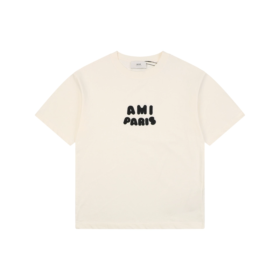 Ami Paris Playful Logo Embroidered T-Shirt Beige Front view
