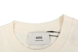 Ami Paris Playful Logo Embroidered T-Shirt Beige Collar