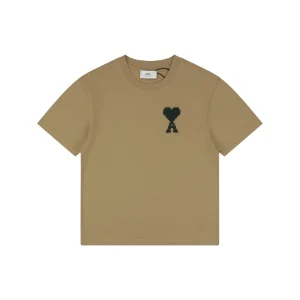 Ami Pixel Heart Embroidered T-Shirt Brown Front view