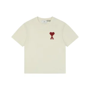 Ami Pixel Heart Embroidered T-Shirt Beige Front view