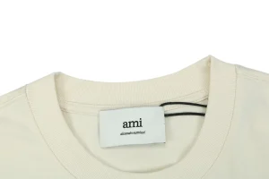 Ami Pixel Heart Embroidered T-Shirt Beige Collar