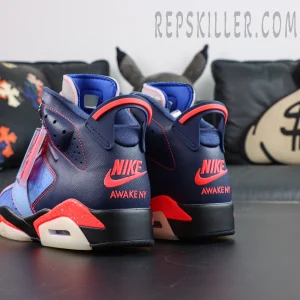 Awake NY x Air Jordan 6 Retro “Midnight Navy Infrared” rear view featuring embroidered Nike Air and Awake NY branding that highlights the collaboration