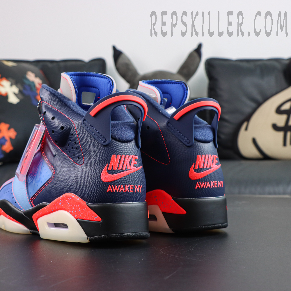 Awake NY x Air Jordan 6 Retro “Midnight Navy Infrared” rear view featuring embroidered Nike Air and Awake NY branding that highlights the collaboration