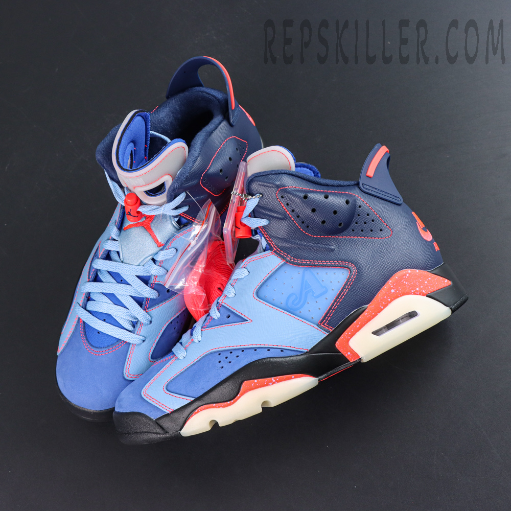 Awake NY x Air Jordan 6 Retro “Midnight Navy Infrared” top-down view showcasing a blue upper with striking infrared accents for bold contrast