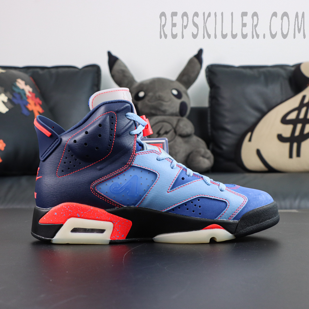Awake NY x Air Jordan 6 Retro “Midnight Navy Infrared” lateral profile featuring a translucent panel with Awake branding and a visible Air unit