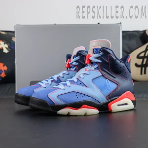 Awake NY x Air Jordan 6 Retro “Midnight Navy Infrared” displayed with its box, highlighting the iconic high-top silhouette and bold red-blue color palette
