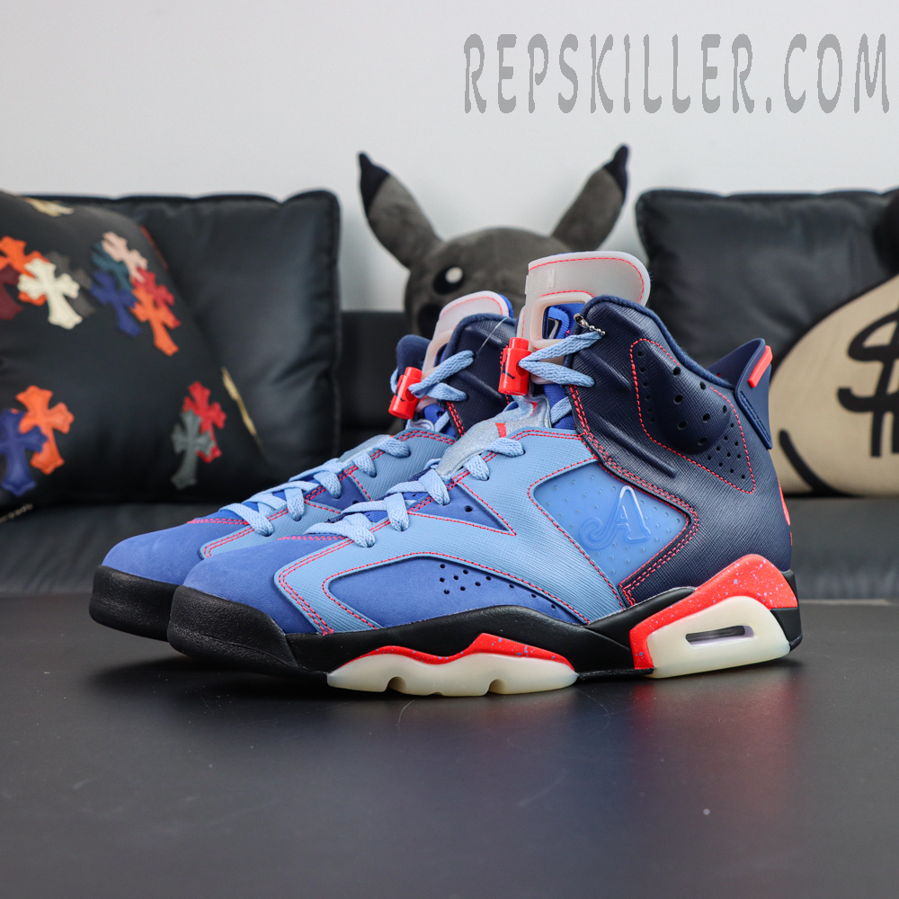 Awake NY x Air Jordan 6 Retro “Midnight Navy Infrared” angled view showcasing speckled midsole accents and translucent outsole details inspired by classic basketball design