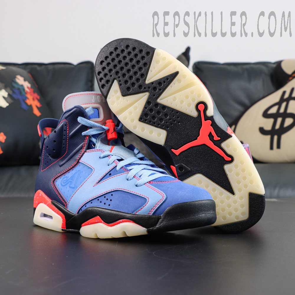 Awake NY x Air Jordan 6 Retro “Midnight Navy Infrared” outsole view featuring classic Jordan 6 traction patterns and a bold Jumpman logo for reliable grip and style