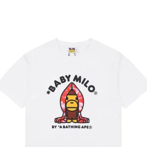 Bape Baby Milo Pink Shark Hoodie Graphic T-Shirt White