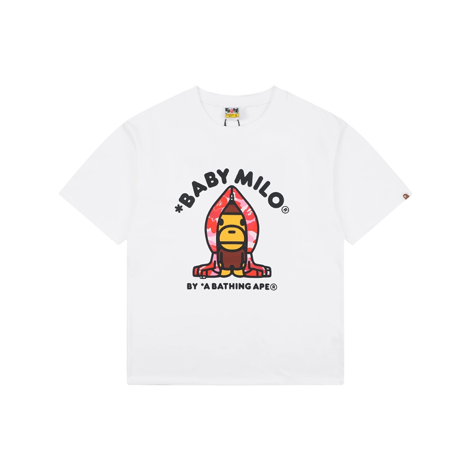 Bape Baby Milo Pink Shark Hoodie Graphic T-Shirt White Front view