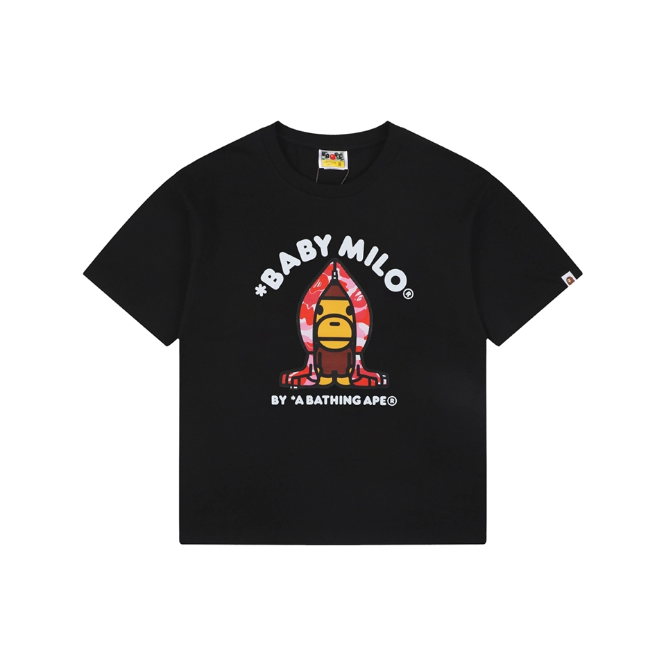 Bape Baby Milo Pink Shark Hoodie Graphic T-Shirt Black Front view