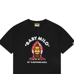 Bape Baby Milo Pink Shark Hoodie Graphic T-Shirt Black