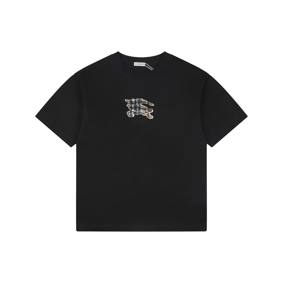 Burberry Check Equestrian Knight Appliqué Embroidered T-Shirt Black Front view