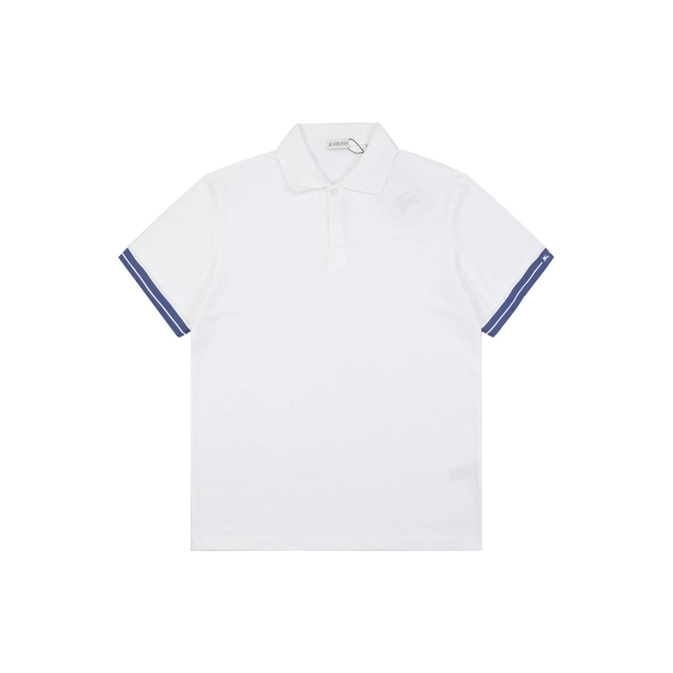 Burberry Striped Cuff Equestrian Logo Polo T-Shirt White Front view