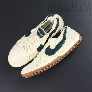 Jacquemus x Nike Moon Shoe SP “Alabaster” top view featuring ruched nylon upper and vintage running silhouette