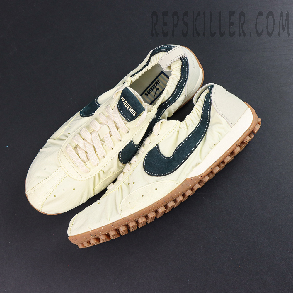Jacquemus x Nike Moon Shoe SP “Alabaster” top view featuring ruched nylon upper and vintage running silhouette
