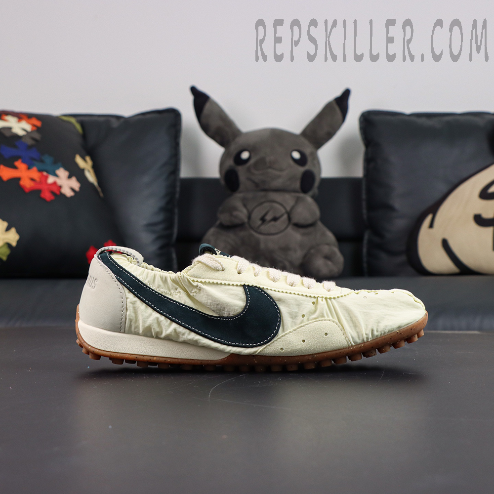 Jacquemus x Nike Moon Shoe SP “Alabaster” side profile featuring low-cut vintage runner with dark Nike Swoosh