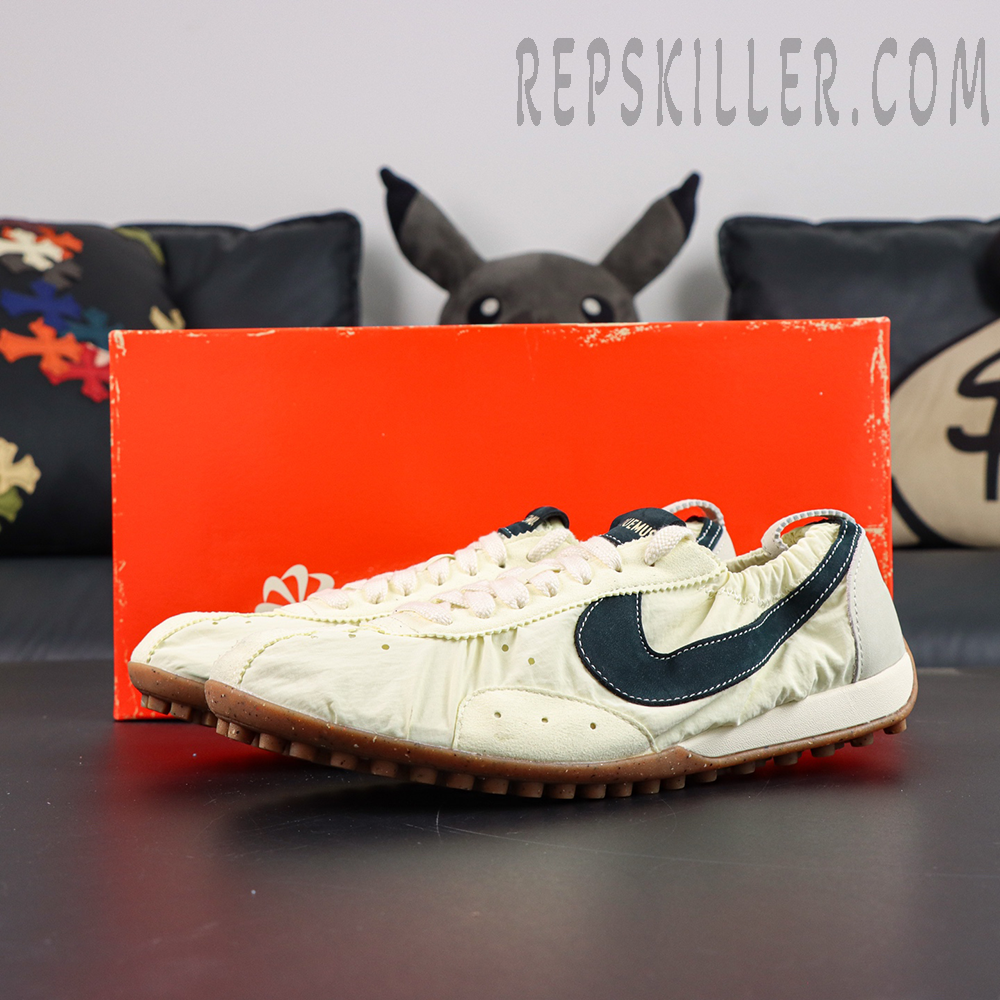 Jacquemus x Nike Moon Shoe SP “Alabaster” displayed with shoebox featuring retro trail-inspired outsole design