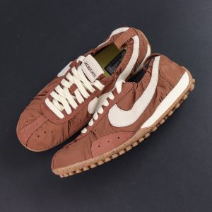 Jacquemus x Nike Moon Shoe SP “Fauna Brown” top-down view showcasing the vintage upper construction and waffle outsole texture