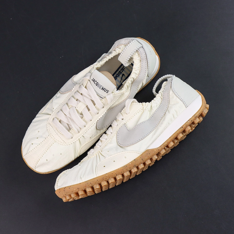 Jacquemus x Nike Moon Shoe SP “Soft Pearl” top-down view showcasing the retro runner construction and lightweight nylon upper details