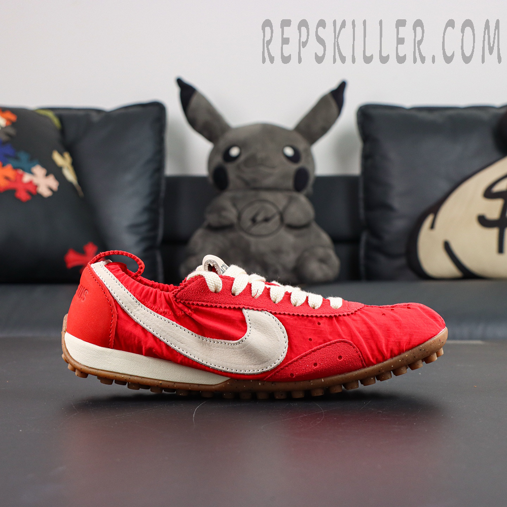 Jacquemus x Nike Moon Shoe SP “University Red” side profile featuring low-cut vintage runner with off-white Nike Swoosh