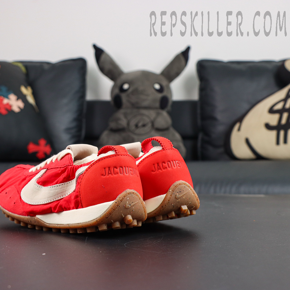 Jacquemus x Nike Moon Shoe SP “University Red” rear angled view combining vintage trail outsole and collaborative details