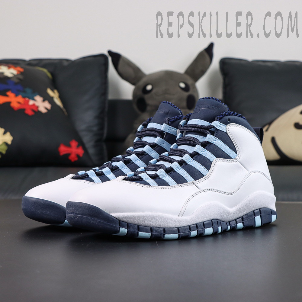 Air Jordan 10 Retro “Ice Blue” front angled view featuring a white upper with navy and ice blue lace loop detailing