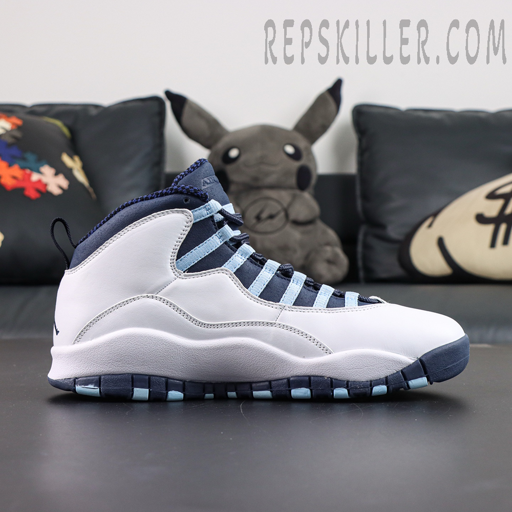 Air Jordan 10 Retro “Ice Blue” side profile featuring the classic mid-top silhouette with white and blue outsole accents
