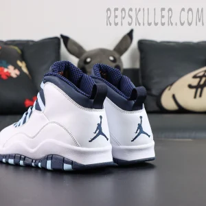 Air Jordan 10 Retro “Ice Blue” heel detail featuring embroidered Jumpman logos and dark navy collar accents