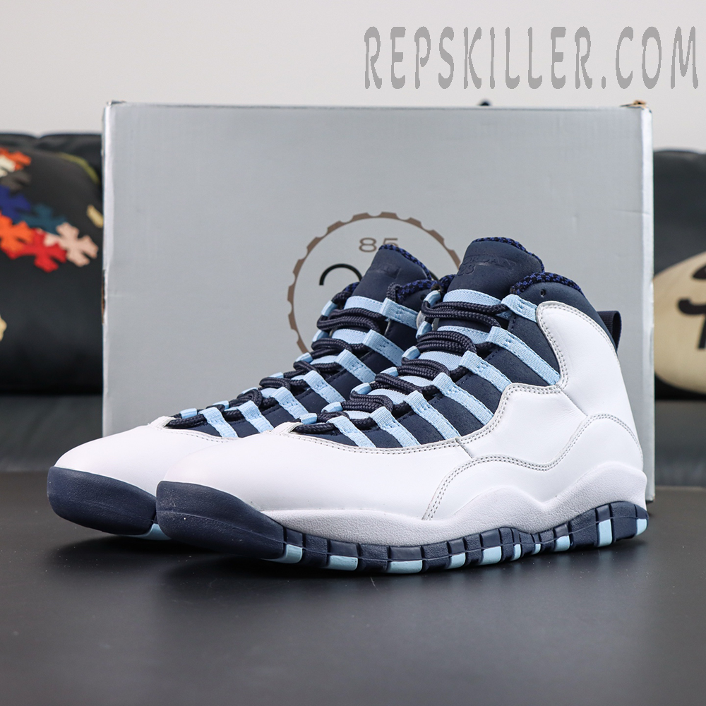 Air Jordan 10 Retro “Ice Blue” full sneaker display featuring white uppers with ice blue lace loops and navy tongue details
