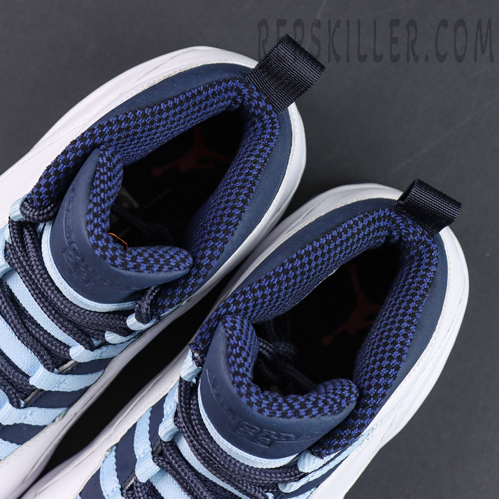 Air Jordan 10 Retro “Ice Blue” collar and lining detail featuring navy textile padding and Jumpman insole branding