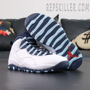 Air Jordan 10 Retro “Ice Blue” outsole display featuring championship year engravings and a red Jumpman logo