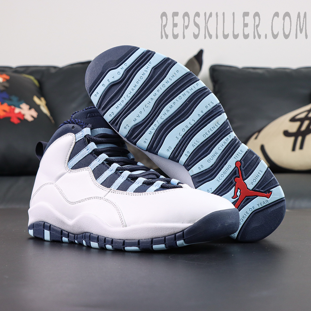 Air Jordan 10 Retro “Ice Blue” outsole display featuring championship year engravings and a red Jumpman logo