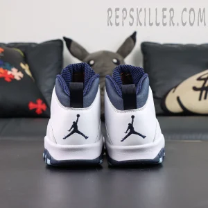 Air Jordan 10 Retro “Ice Blue” rear heel view featuring dual embroidered Jumpman logos and the iconic mid-top silhouette