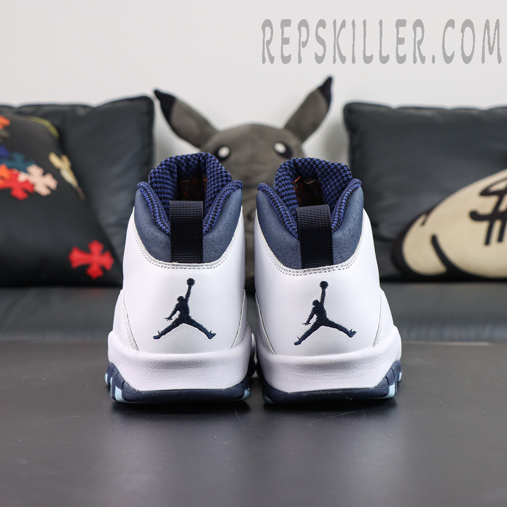 Air Jordan 10 Retro “Ice Blue” rear heel view featuring dual embroidered Jumpman logos and the iconic mid-top silhouette