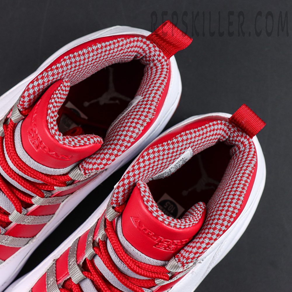 Air Jordan 10 Retro “Red Steel” collar detail featuring red and white patterned lining with vibrant red tongue accents