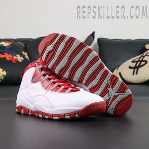 Air Jordan 10 Retro “Red Steel” outsole display featuring classic red and grey color blocking with championship achievement detailing
